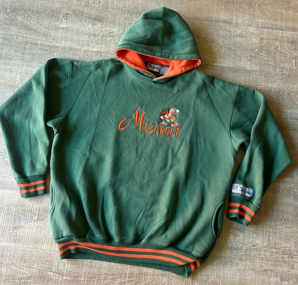 Vintage 90s The Game Miami Hurricanes Hoodie L Green Orange NCAA Embroidered